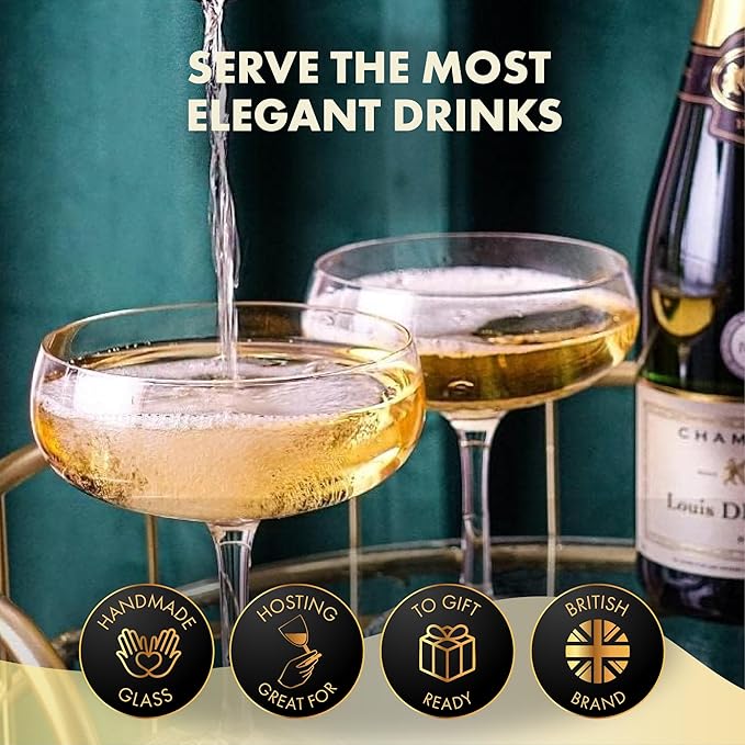 VEMACITY - Elegant Espresso Martini Glasses Set of 4 (10oz) - Classic Coupe Glasses for Martinis, Champagne, Margaritas | Handblown Crystal Cocktail Glassware | Ideal for Christmas & New Years