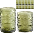 Vintage Glassware Drinking Glasses Set of 12,Green 12oz & 15oz Hobnail Glass Cups,Embossed Water Tumbler,for Beer,Cocktail,Whiskey,Juice and Various Mixed Drinks- 1 Cleaning Brush