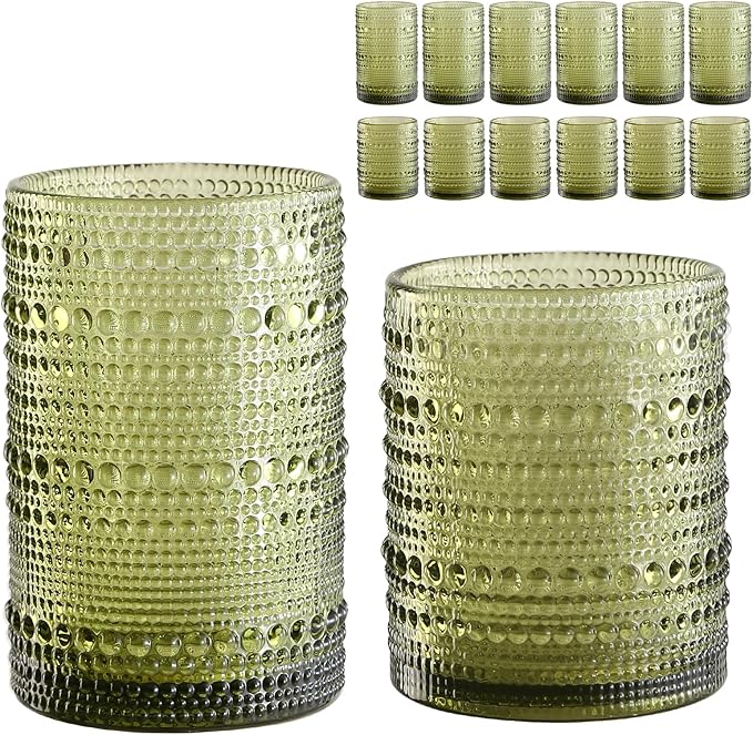 Vintage Glassware Drinking Glasses Set of 12,Green 12oz & 15oz Hobnail Glass Cups,Embossed Water Tumbler,for Beer,Cocktail,Whiskey,Juice and Various Mixed Drinks- 1 Cleaning Brush