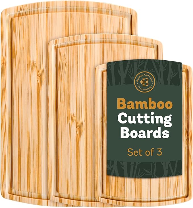Wood Cutting Boards for Kitchen - Bamboo Cutting Board Set with Deep Juice Groove & Side Handles - Carving Chopping Board Butcher Block for Meat, Vegetables, Charcuterie, Cheese, Serving, or Meal Prep