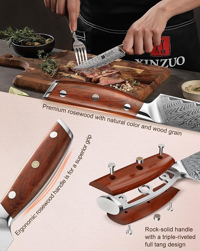 XINZUO Steak Knife Set of 4,Damascus Kitchen Steak Knife Set,5 Inch Dinner Knife Set-Table Knives,Non Serrated Steak Knives,Razor-Sharp Dinner Knives with Ergonomic Rosewood Handle,Gift Box