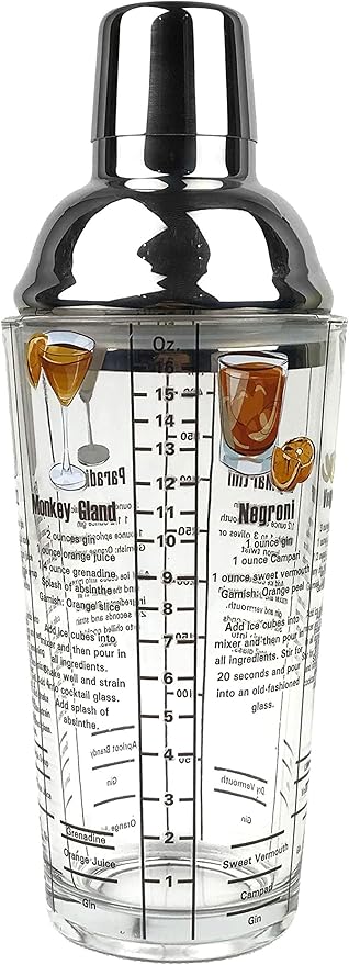 14 oz Recipe Glass Cocktail Shaker With Strainer Top - Includes 6 Cocktail Drink Recipes (Gin Theme)