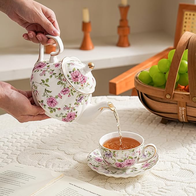 Flower Ceramic Teapot,22oz Porcelain Tea pot for Tea Coffee Milk for Office Home Men Women as Gift (White and big flowers)