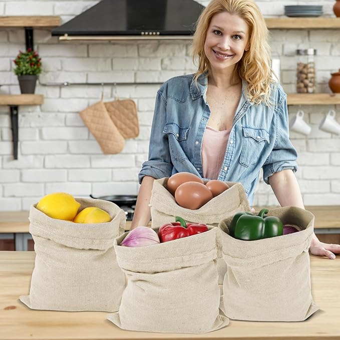 30PCS Cotton Produce Bags, 8x10 Inch Reusable Muslin Storage Bags with Drawstrings – Natural, Washable & Eco-friendly Cloth Containers for Groceries, Snacks, and More