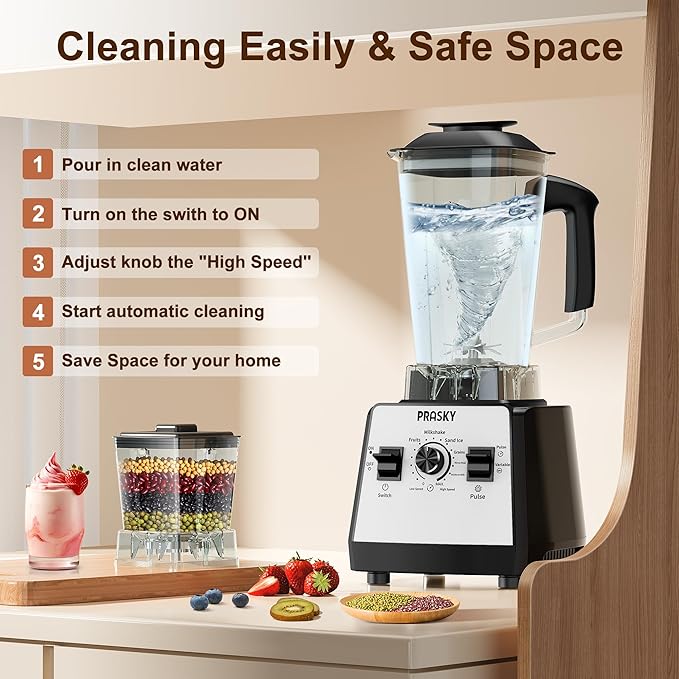 Blenders for Kitchen, Smoothie Blender, 2400W/1000W Prasky Blender & Grinder Combo, 25,000 RPM High Speed, 68oz BPA-Free Food Processor, Countertop Blender for Smoothies, Shakes & Food (White, 2L)
