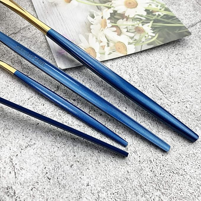 JASHII 18/10 Silver Silverware Set Stainless Steel Flatware Utensils Set Gold Cutlery Set| 36-Piece Modern Cubiertos Dorados| BEST Birthday Wedding Gift (6 sets, Blue Handle Gold Mirror Polish)