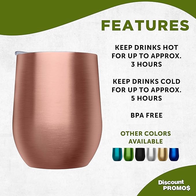 DISCOUNT PROMOS Stemless Wine Glass Tumblers with Lids by Largo 11 oz. Set of 6, Bulk Pack - Perfect for Wine, Cocktails, Other Hot & Cold Beverages - Rose Gold