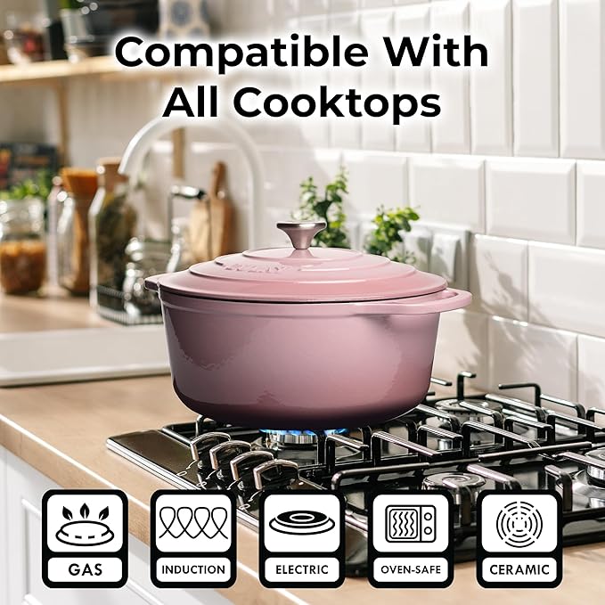 Zulay Kitchen 7.7 Quart Enameled Cast Iron Dutch Oven Pot with Lid – Premium Durability & Oven Safe up to 500°F – Heavy Duty Cookware Perfect for Bread Baking, Stews, Braising & Roasting – Pink