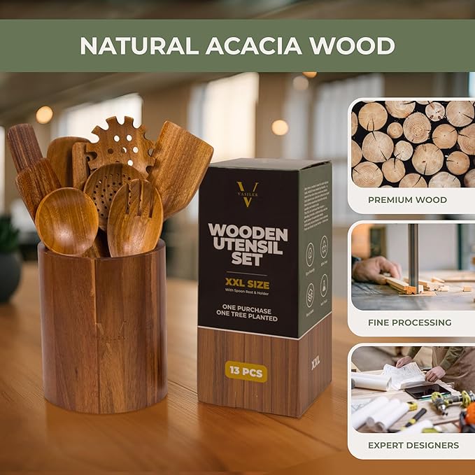 Vasilek Wooden Utensil Set XXl – 13 Piece Acacia Wood Cooking Tools with Round Holder for Nonstick Cookware with Holder & Spoon Rest – Wooden Spoons for Cooking, Spatula, Spurtle