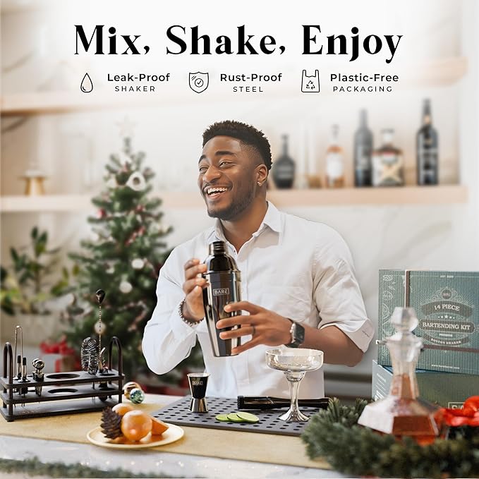 BARE BARREL® Mixology Bartender Kit Bar Set | 14-Piece Cocktail Shaker Set | Martini Barware Mixing Tools for Home Bartending | 35 Recipe Cards | Gift Set (24oz Cobbler Shaker, Jet Black/Black)