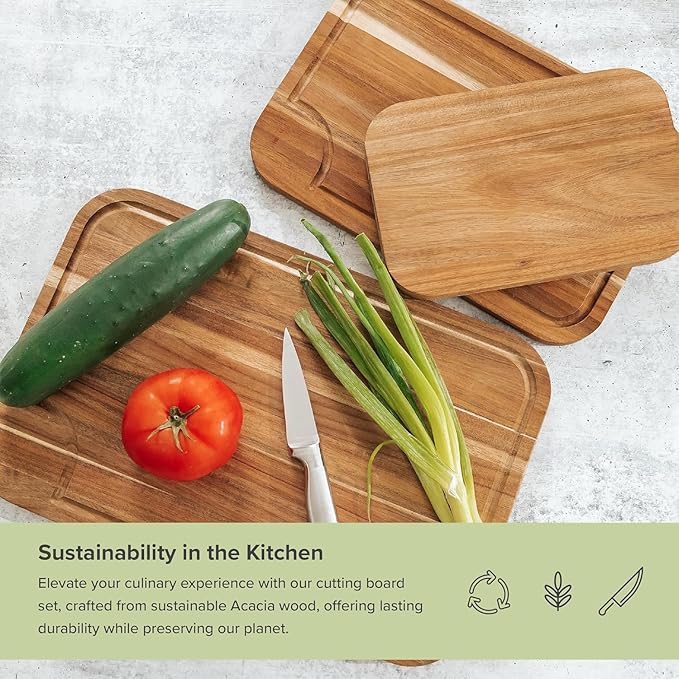 KitchenEdge Premium Acacia Wood Cutting Board Set of 3, Juice Groove and Non-Slip Feet, Thick Wood Trays for cheese, vegetables, meat, fruit, Heavy Duty Construction, Pre Oiled (9x6, 12x8, 15x10 inch)