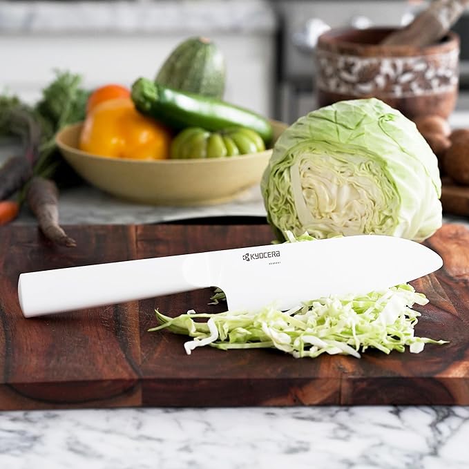Kyocera INNOVATIONwhite 5.5" Ceramic Santoku Knife - White Z212 Blade with Non-Slip Blue Handle