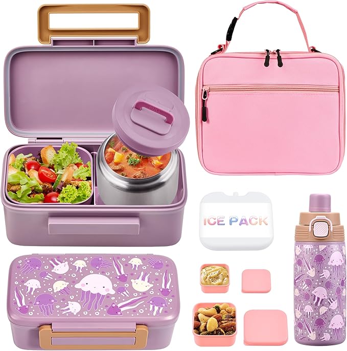 MAISON HUIS Bento Box for Kids with 8oz Soup Thermo, Insulated Lunch Bag & 17oz Water Bottle, 2-Compartment Bento Box with Built-In Ice Pack, Leak-Proof & BPA-Free