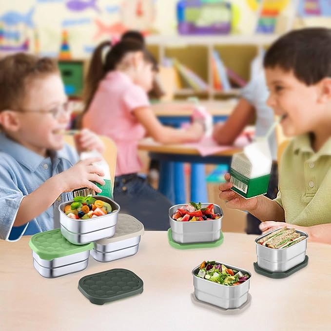 Homikit 3 Pack Snack Containers for Kids, 18/10 Stainless Steel Toddler Lunch Box with Silicone Lids, Reusable Bento Food Container Set for School Daycare, Nontoxic & Leak Proof, Green/Khaki/Gray