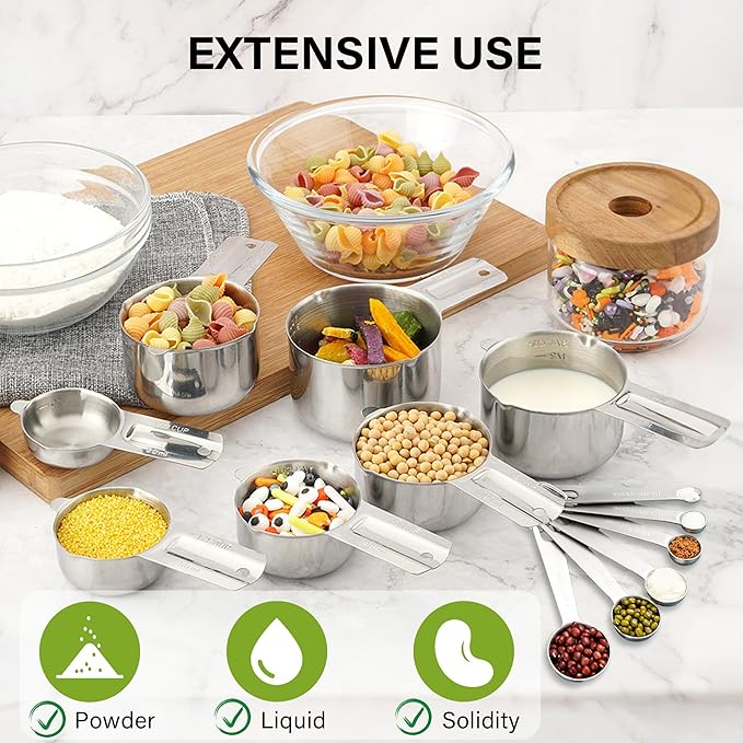 Vakoo 13-Piece Stainless Steel Measuring Cups and Spoons Set - Stackable & Nesting, U.S./Metric Dual Markings, Dishwasher Safe, Kitchen Gadgets for Baking & Cooking