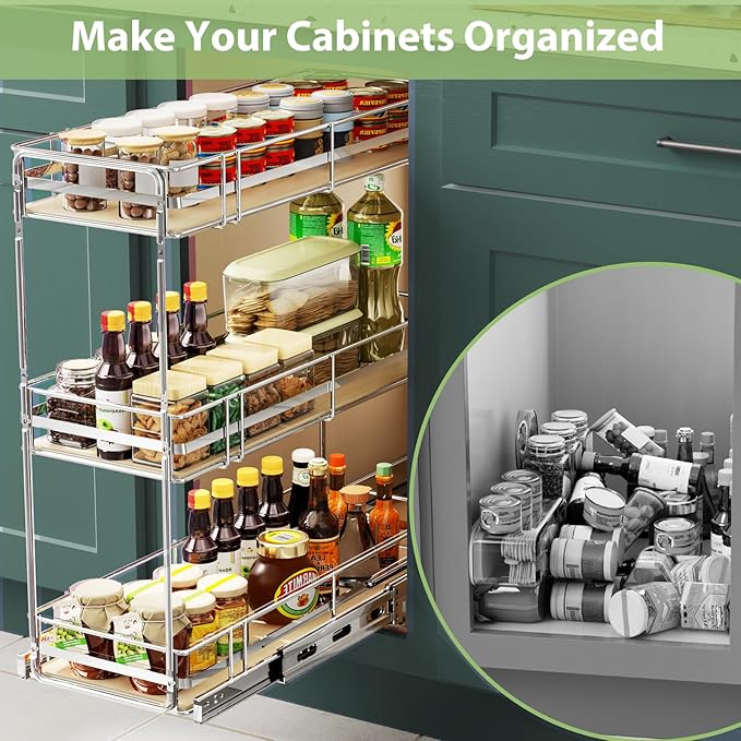 Pull Out Spice Rack Cabinet Organizer 8" W x 20½" D, 3 Tier Heavy Duty Slide Out Wood Shelf for Narrow Cabinet, Pull Out Storage for Kitchen