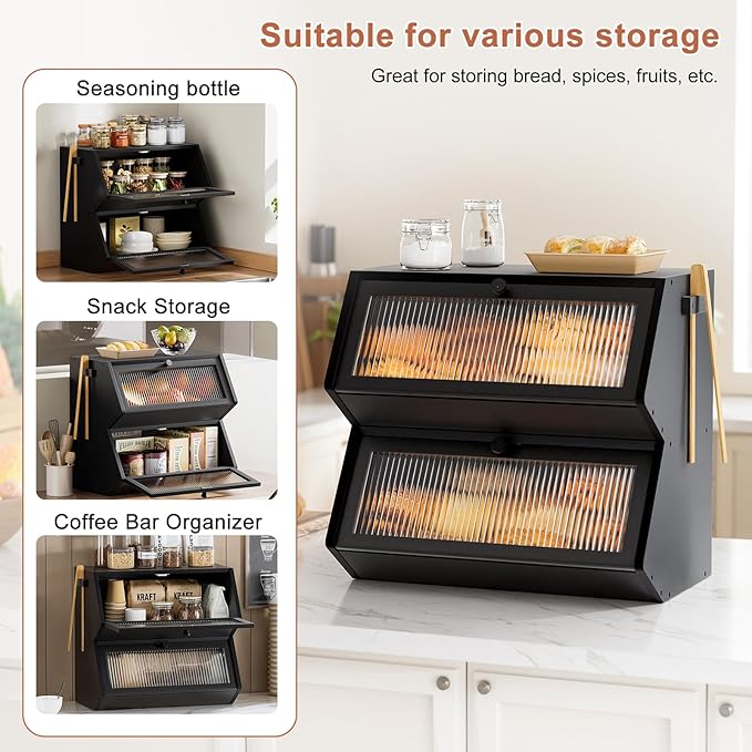 WOWLIVE Double Layer Bread Box for Kitchen Countertop, Large Bamboo Bread Storage Container for Homemade Bread, Farmhouse Bread Holder for Kitchen Counter Cabinet, Pantry, (Black, Extra Large)