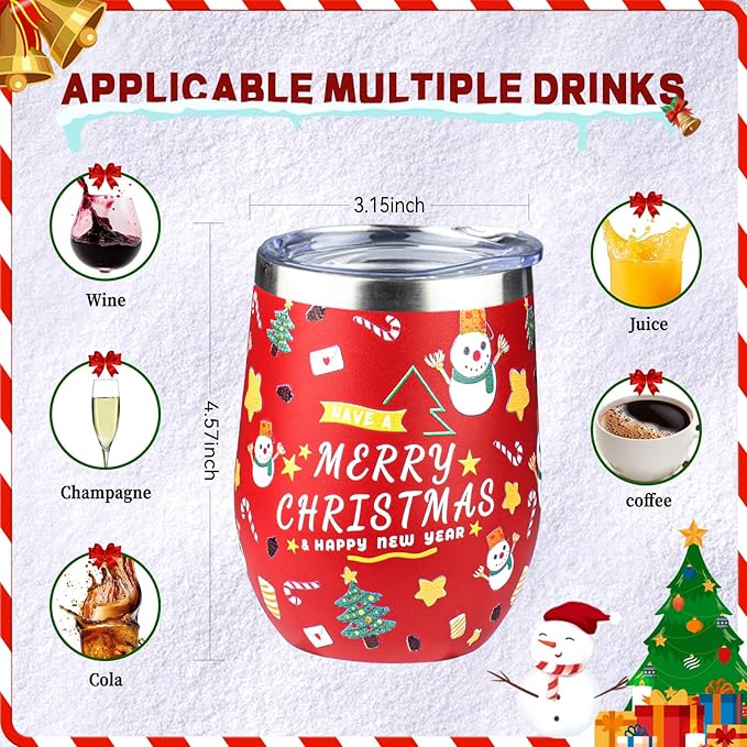 12oz Christmas Wine Tumbler with Lid and Straw,Stainless Steel Insulated Stemless Wine Tumbler Double Wall Vacuum Wine Cups Tumbler Christmas Gifts for Women Men(Xmas Elements,2)
