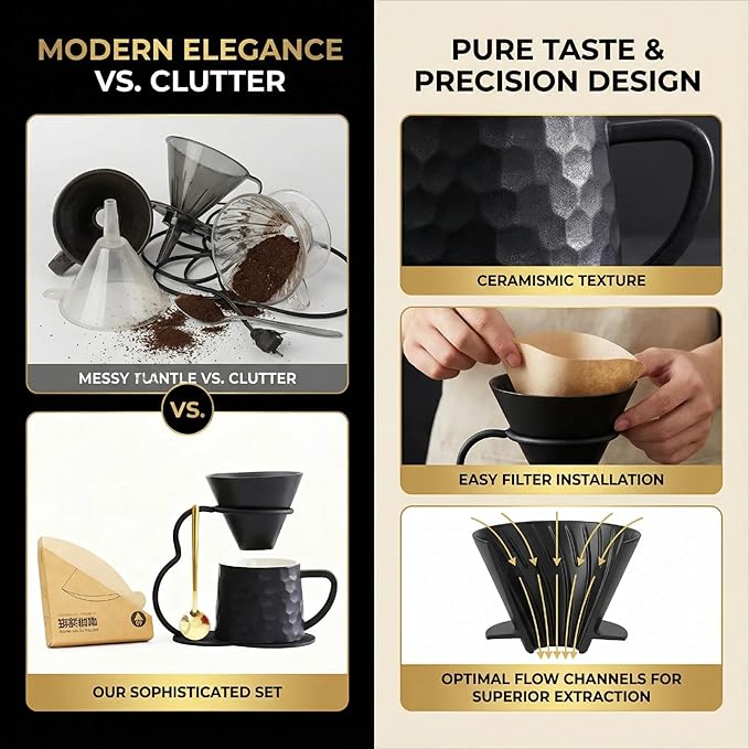 Pour Over Coffee Maker set,Ceramic Coffee Maker With V60 40 pcs Paper Filter，Metal Stand 9oz 270ml mug Pour Over Coffee Dripper black