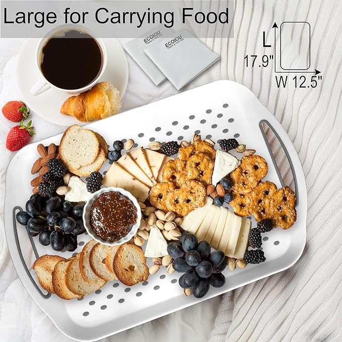 Larger Nonslip Food Serving Tray, 17.9'' x 12'' Grippy Handles Surface Bottom Design, Perfect Trays for Eating, Lap, TV, Couch, White, Set of 2