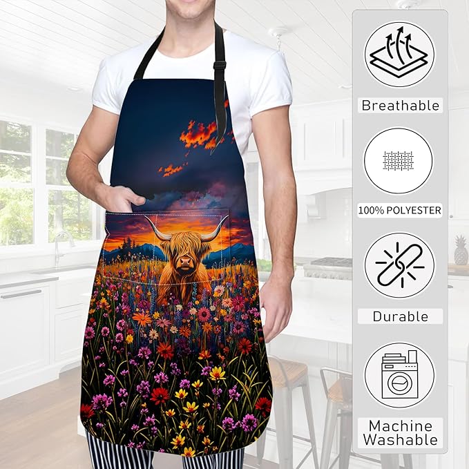 Flower Highland Cow Apron,Oxford Fabric Adjustable Kitchen Apron with 2 Pockets,Waterproof Cooking Aprons for Men Women Mom Wife Dad,Ideal Gifts for Coffee House,Shop,Baking,BBQ,28x33in