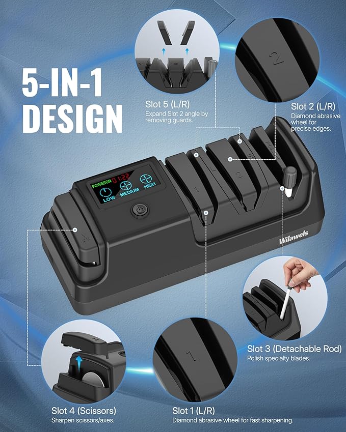 Electric Knife Sharpener, 5-in-1, 3 Rotational Speed Adjustable Electric Knife Sharpener for Straight/Serrated/Ceramic Knives, Scissors, Chef Knives, Axes,Black B01KS06