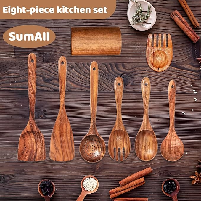 8 PCs Teak Wooden Utensil Set with Hooks, Wooden Spoons for Cooking, Wood Cooking Utensils Set, Comfort Grip, Non Stick Cookware, Easy to Clean, Kitchen Stuff, Wood Spatula