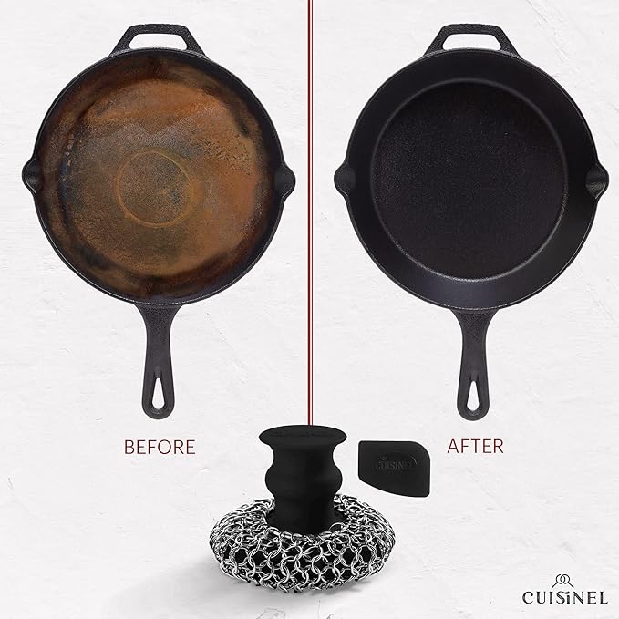 Cuisinel CAST IRON CHAINMAIL SCRUBBER AND PAN SCRAPER - DELUXE ERGONOMIC STAINLES