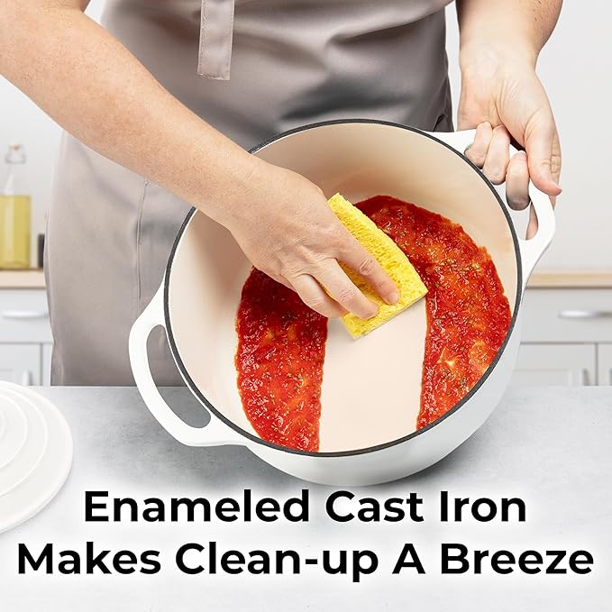 Zulay Kitchen 7.7 Quart Enameled Cast Iron Dutch Oven Pot with Lid – Premium Durability & Oven Safe up to 500°F – Heavy Duty Cookware Perfect for Bread Baking, Stews, Braising & Roasting – White