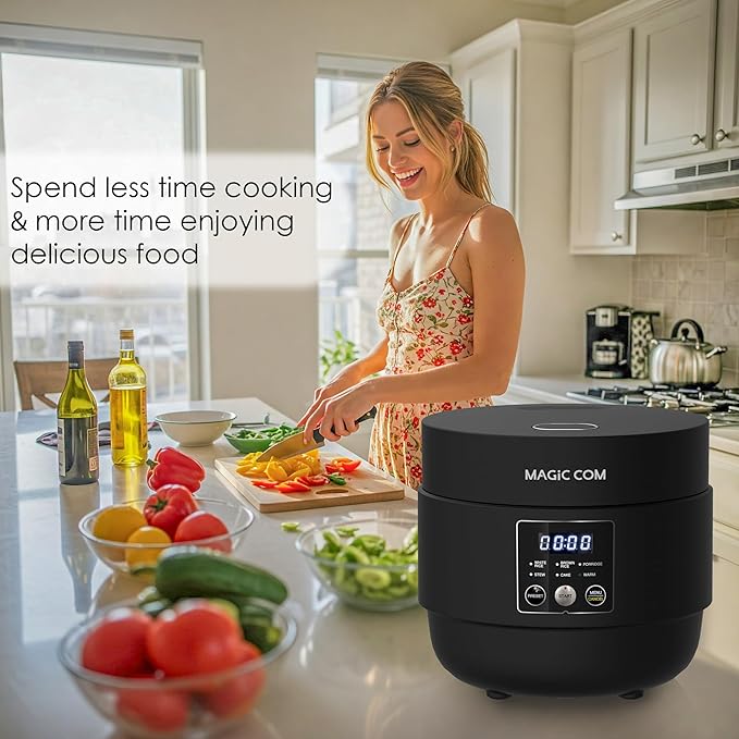 MAGiC COM Mini Rice Cooker 4 Cup Uncooked (8 Cup Cooked), Small Digital Multi-Cooker with Steamer, 24H Delay Timer, Automatic Keep Warm, Non-Stick Pot, Perfect for Dorm, Travel, Single Serve (Black)