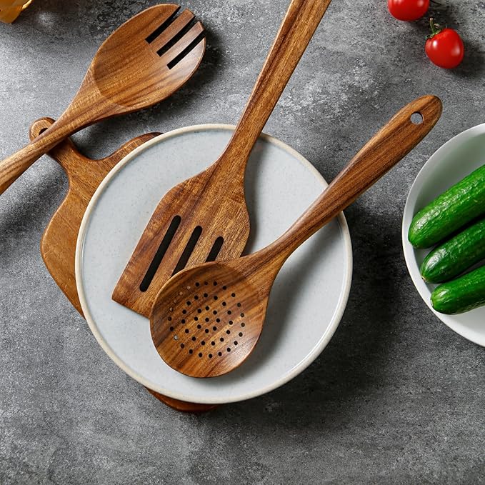 5 Piece Wooden Spoons for Cooking - Natural Finish Wooden Cooking Utensils - Soft Grip Wood Spoons - Non-Stick Wooden Spoons