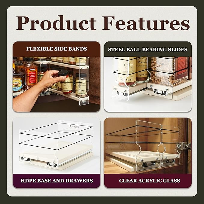 Vertical Spice - Pull Out Cabinet & Pantry Organizer Drawer - Sliding Drawers for Inside Cabinets - 2 Tiers - 6.9" x 12.25" x 10.6" (Cream, Partially Assembled)