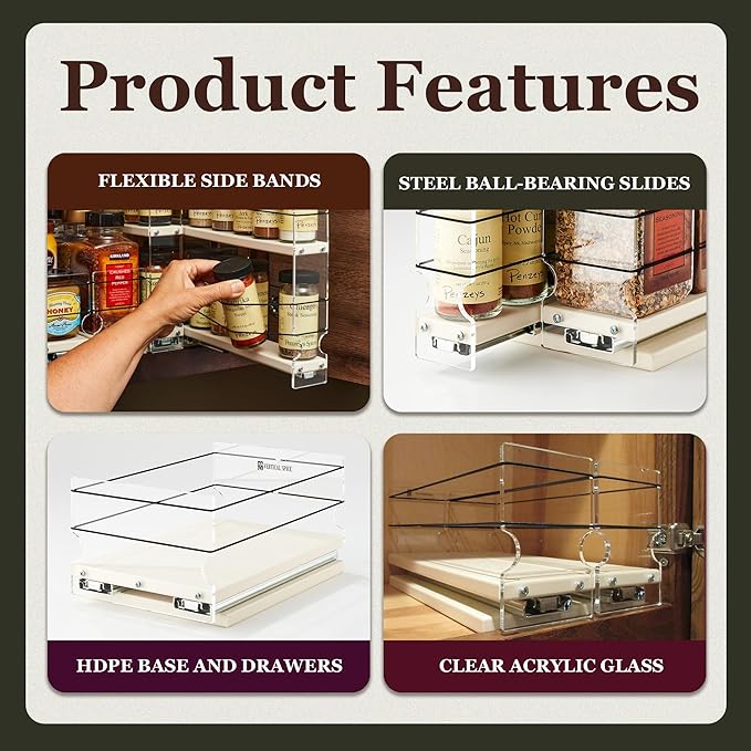 Vertical Spice - Sliding Spice Rack Organizer for Cabinets - Pull Out Shelves for Upper Kitchen Cabinets - Cabinet Organizer/Storage - 2 Tiers - 3.45" x 12.25" x 10.6" (Cream, Partially Assembled)