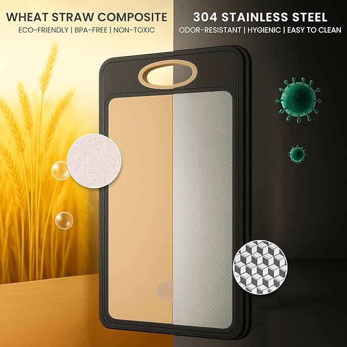 PurpleDove Double-Sided Cutting Board with 304 Stainless Steel & Wheat Straw | Scratch-Proof Chopping Board, Non-Porous | Odor-Resistant Butcher Board | Dishwasher-Safe Kitchen Board