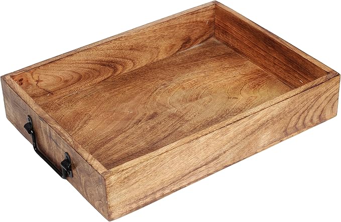 Wooden Decorative Serving Tray with Metal Handles | Wood Trays for Breakfast in Bed, Lunch, Dinner, Appetizers, Patio, Ottoman, Coffee Table, Party (15" X 11" x 2.75")