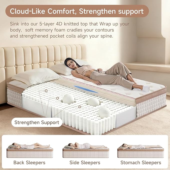 MOOA Queen Mattress, 12 Inch Queen Mattresses, Medium Firm Cooling Memory Foam for Hip/Shoulder/Lumbar Support, Individual Springs for Pressure Relief & Motion Isolation, Hybrid Mattress In A Box