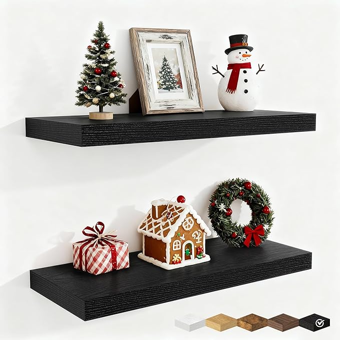 Fun Memories Floating Shelves for Wall, 24 Inch Rustic Wood Wall Mounted Shelves for Bathroom, Bedroom, Living Room, Deep Floating Shelves for Storage & Home Decor (Black, Set of 2)