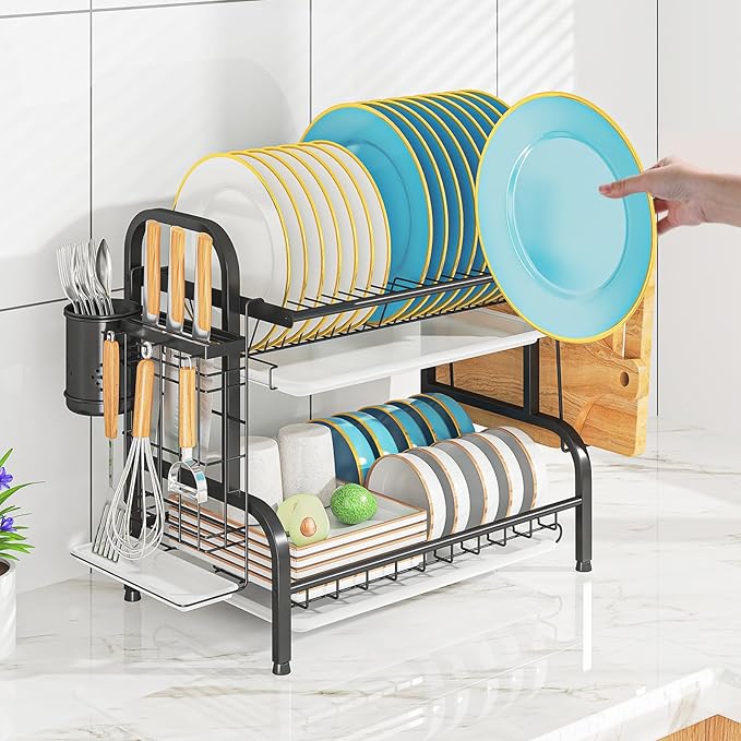 LEGUANG 2-Tier Stainless Steel Dish Drying Rack, Space-Saving Kitchen Organizer for in/Over Sink/Counter, with Removable Drain Tray & Cutlery Holder & Utensil Holder, Black