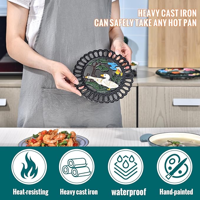 Sungmor Heavy Duty Cast Iron Trivet,Decorative Painting Trivet for Kitchen or Dinning Table,7.5x7.5 Inch - Round with Vintage Lovely Duck Pattern