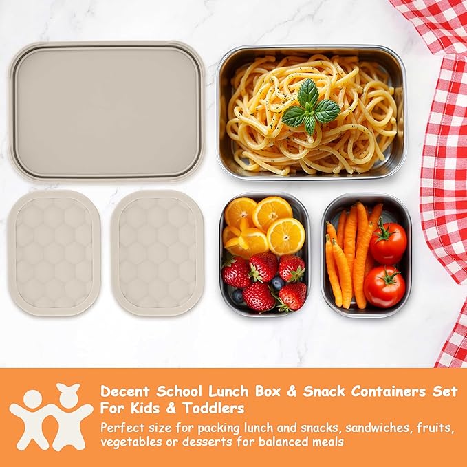 Homikit 3 Pack Kids Lunch Box Set, 18/10 Stainless Steel Bento Boxes with Silicone Lids Leak Proof, 5 Cups Reusable Metal Food Snack Containers for School Daycare, Nontoxic & Dishwasher Safe, Khaki