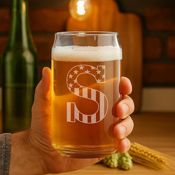 Monogram Beer Glasses for Men (A-Z) 16 oz - Beer Gifts for Men Brother Son Dad Neighbor - Unique Christmas Gifts for Him - Personalized Drinking Gift Beer Glass Mugs - Engraved Beer Can Glass (S)