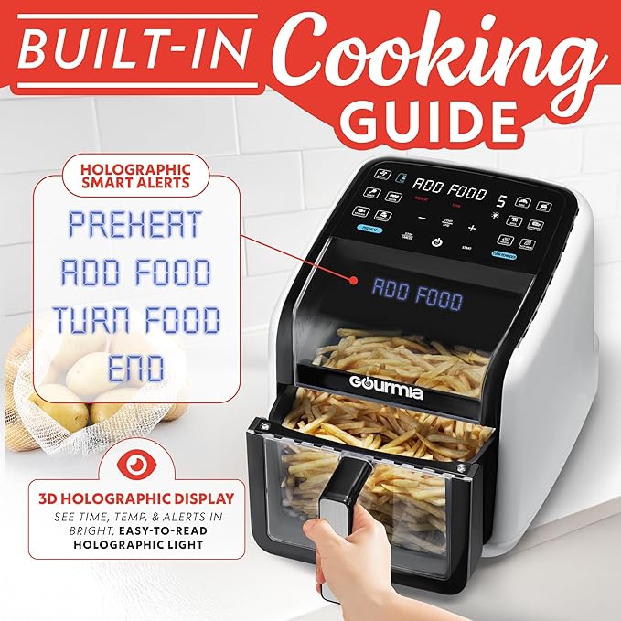 Gourmia Air Fryer 7 QT - Easy View Panoramic Window & Interior Light, Guided Cooking with 12 One-Touch Presets, FryForce 360, Dishwasher Safe Accessories, White