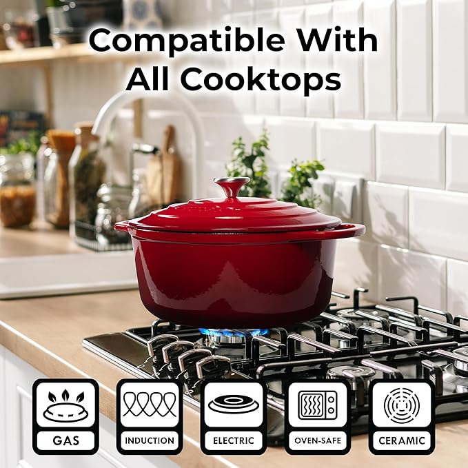 Zulay Kitchen 6 Quart Enameled Cast Iron Dutch Oven Pot with Lid – Premium Durability & Oven Safe up to 500°F – Heavy Duty Cookware Perfect for Bread Baking, Stews, Braising & Roasting – Red