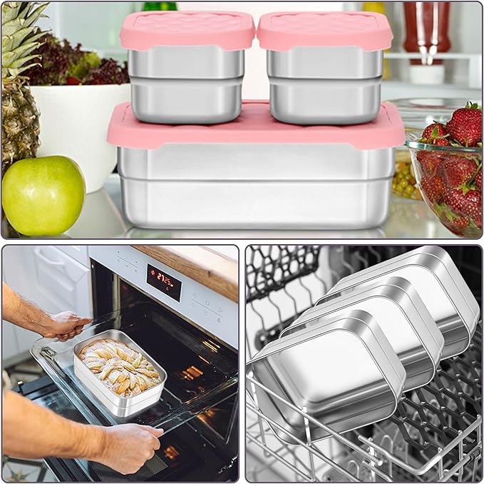 HaWare 8oz*2+25oz Stainless Steel Lunch Box for Kids, Leak Proof Lunch Container with Silicone Lids, Easy Open Food Storage Bento Box for School and Daycare, Dishwasher Safe