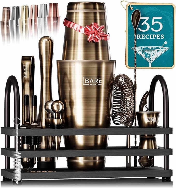 BARE BARREL® Mixology Bartender Kit Bar Set | 14-Piece Cocktail Shaker Set | Martini Barware Mixing Tools for Home Bartending | 35 Recipe Cards | Gift Set (28oz Boston Shaker, Brass/Black)