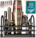 BARE BARREL® Mixology Bartender Kit Bar Set | 14-Piece Cocktail Shaker Set | Martini Barware Mixing Tools for Home Bartending | 35 Recipe Cards | Gift Set (28oz Boston Shaker, Brass/Black)