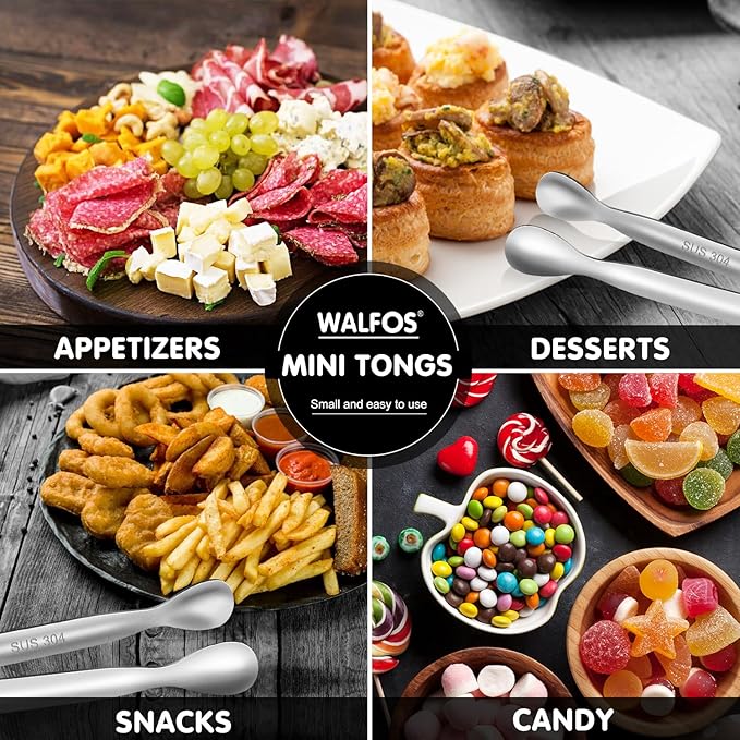 Walfos Mini Tongs for Serving Food, Small Stainless Steel Kitchen Tongs for Appetizers, Sugar, Desserts, Tea Party, Coffee Bar, Set of 12 (Silver)