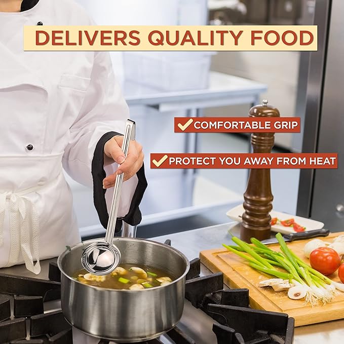 Fit Meal Prep [2 Pack] Stainless Steel Soup Ladle - One-Piece Sauce Spatula with Hook Handles, Commercial Grade Serving Spoon, Kitchen Tool for Restaurant or Home Cooking, Mirror Finish, 14.25" Long