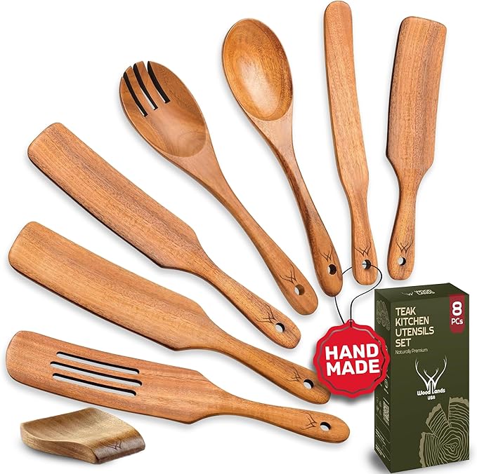 Wooden Spurtle Set for Cooking - Handmade Premium Turner, Nonstick Wooden Spoons for Cooking Flat Frying Utensils with Right Long Handle (7PC Spatula Set)