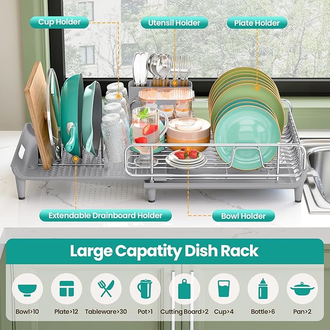 TOOLF Dish Drying Rack - Large Expandable Dish Rack for Kitchen Counter, Stainless Steel Dish Drainer for Kitchen Organization with Cutlery ＆ Cup Holder,Gray